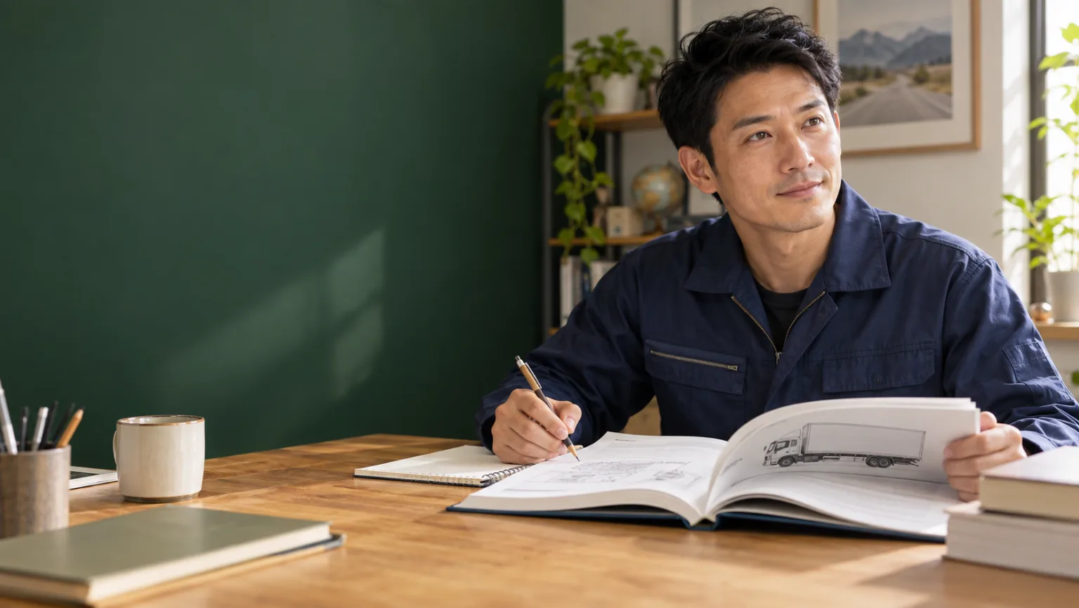 次の仕事に向けて運転の知識を学ぶ社会人のイメージ