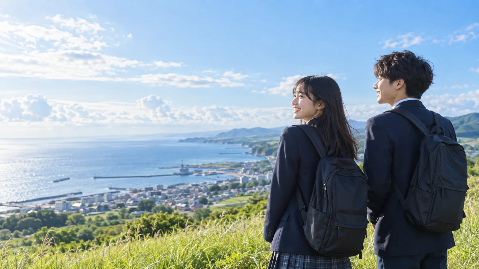 海と街を見渡す高校生の男女。これからの未来に期待を寄せる姿