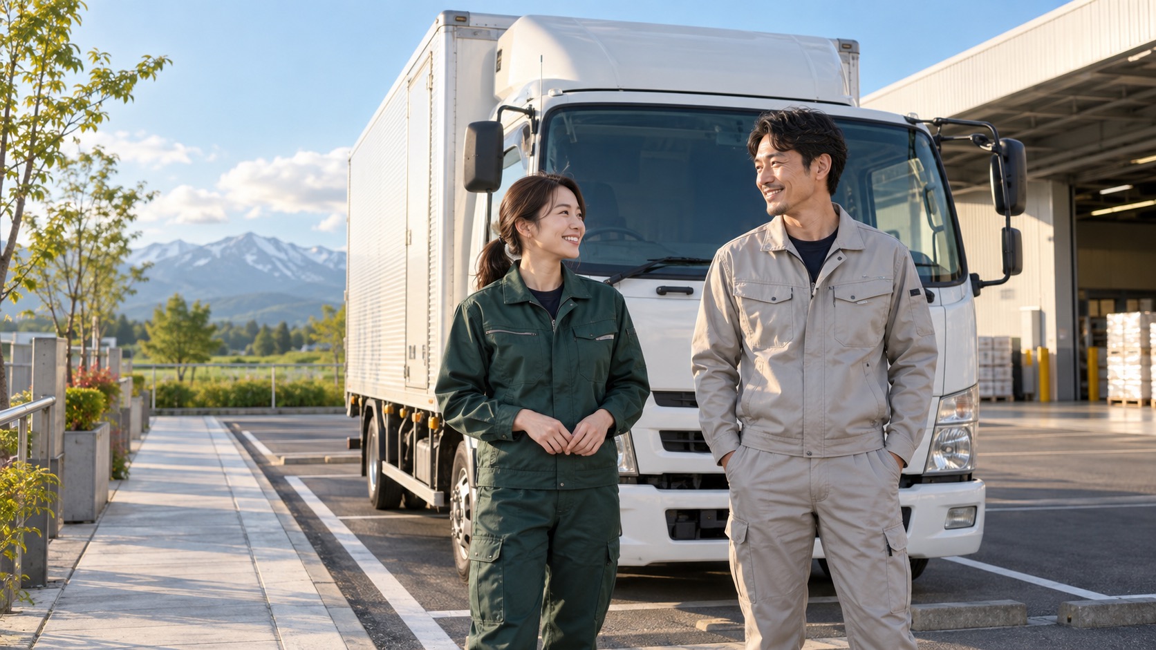 停車したトラックのそばで、新しい仕事への期待を感じる二人
