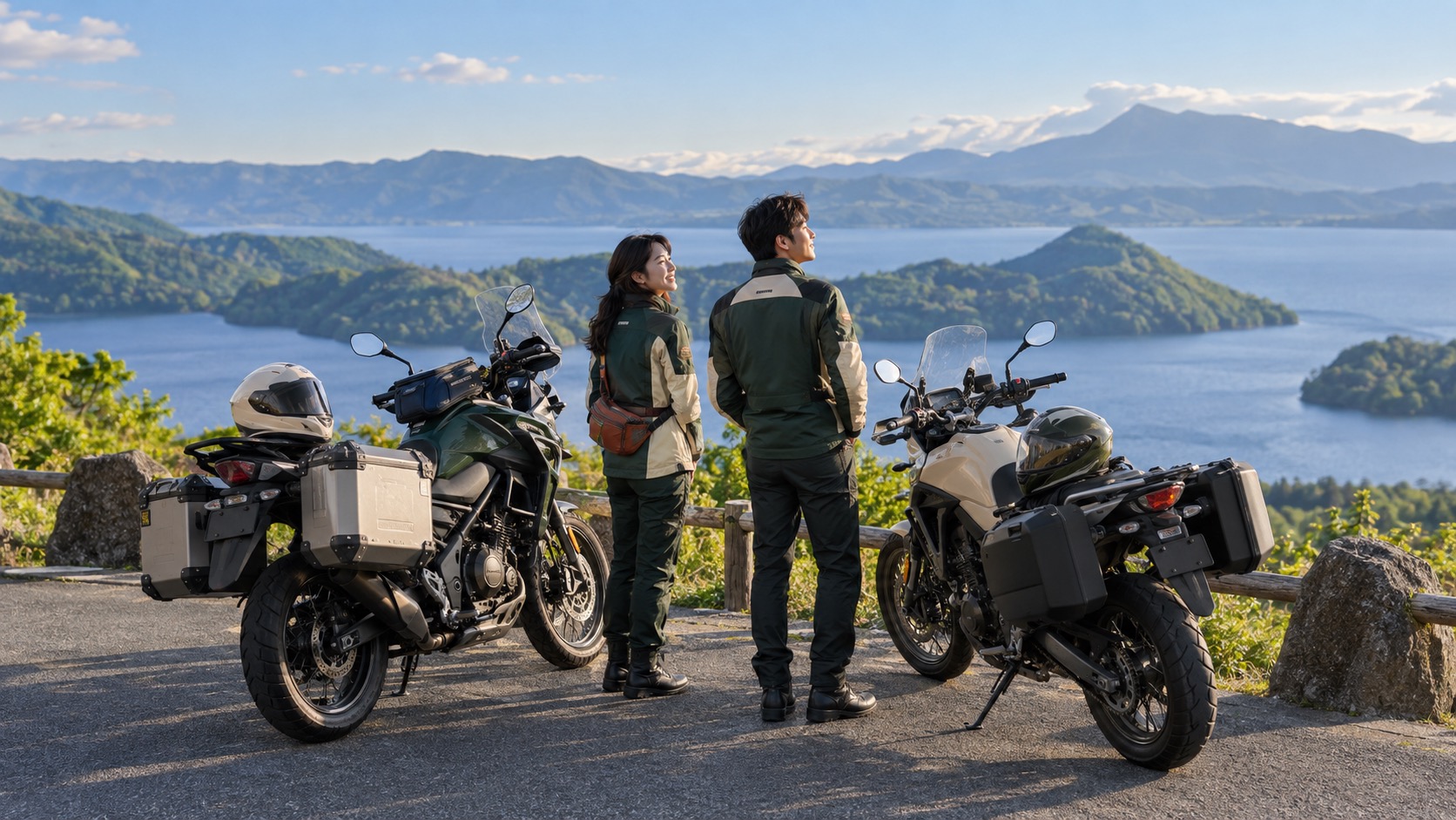 湖畔の展望スペースで、停車したバイクと景色を楽しむ二人